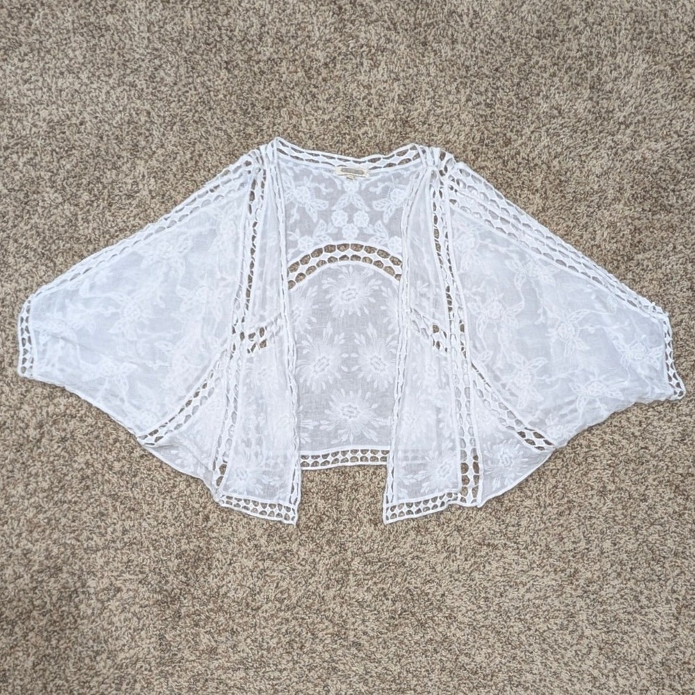Cardigan White Embroidered Lace Open Front Kimono Shrug Batwing Small